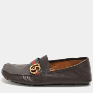 Gucci Brown Leather Web Marmont Driver Loafers Size 40