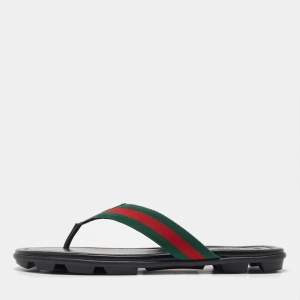 Gucci Black Leather Web Flat Thong Sandals Size 45