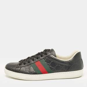 Gucci Black Guccissima Leather Web Detail Ace Sneakers Size 45.5