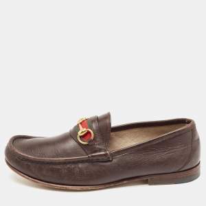 Gucci Brown Leather Web Slip On Loafers Size 43