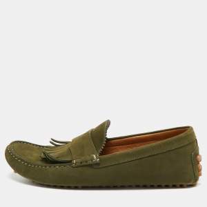 Gucci Green Suede Fringe Slip On Loafers Size 42