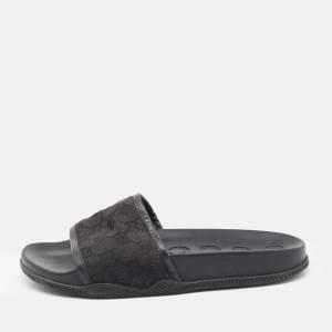 Gucci Black GG Canvas and Leather Flat Slides Size 41