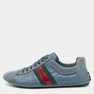 Gucci Blue Leather Web Detail Low Top Sneakers Size 44