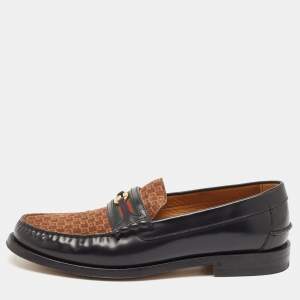 Gucci Black/Brown Canvas and Leather Interlocking G Logo Leather Loafers  Size 43