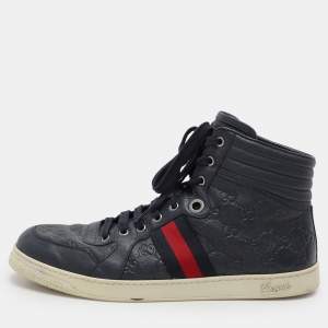 Gucci Navy Blue Guccissima Leather Web Detail High Top Sneakers Size 44