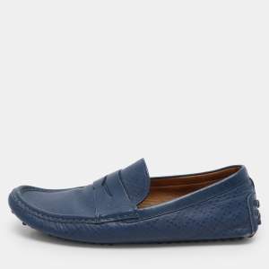 Gucci Blue Diamante Leather Penny Loafers Size 44.5