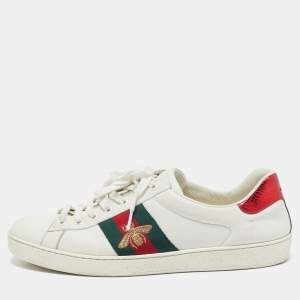 Gucci White Leather Ace Web Lace Up Sneakers Size 44.5
