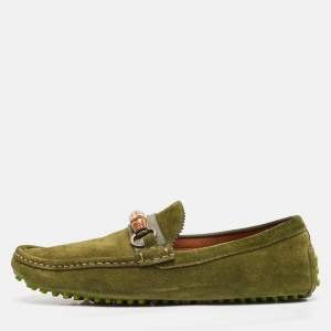 Gucci Green Suede Bamboo Horsebit Loafers Size 44