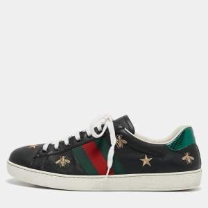 Gucci Black Leather Bee Ace Low Top Sneakers Size 44.5