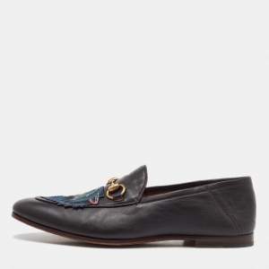 Gucci Dark Brown Leather Brixton Wolf Applique Horsebit Loafers Size 41.5