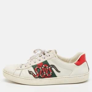 Gucci White Leather and Python Embossed Embroidered Snake Ace Sneakers Size 41