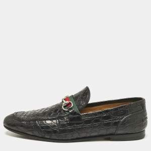 Gucci Black Crocodile Horsebit Web Detail Slip On Loafers Size 43.5