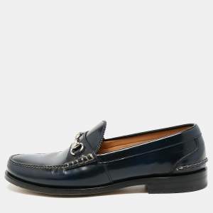 Gucci Navy Blue Leather Horsebit Slip On Loafers Size 46