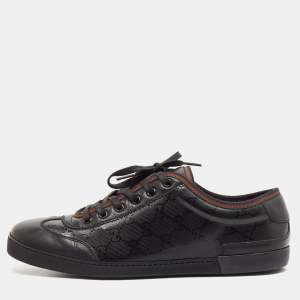 Gucci Black Leather And GG Canvas Lace Up  Sneakers Size 42