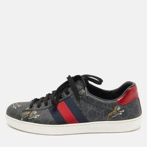 Gucci Black GG Supreme Canvas Tiger Print Ace Sneakers Size 41.5