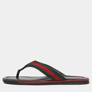 Gucci Dark Brown Web Canvas and Guccissima Leather Thong Flats Size 43.5