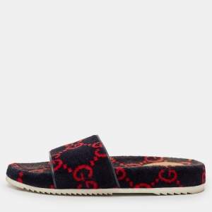 Gucci Navy Blue/Red GG Velvet Flat Slide Sandals Size 42