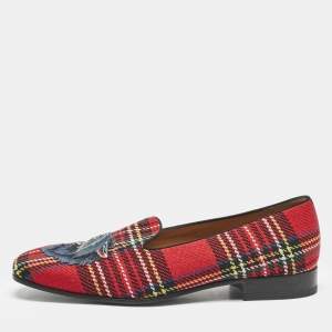 Gucci Multicolor Tartan Canvas Wolf Embroidered Slip On Loafers Size 44