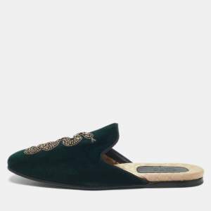 Gucci Dark Green Velvet Crystal Embellished Snake Flat Mules Size 43