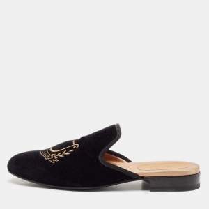 Gucci Black Velvet Pas De Rumeur Embroidered Flat Mules Size 44