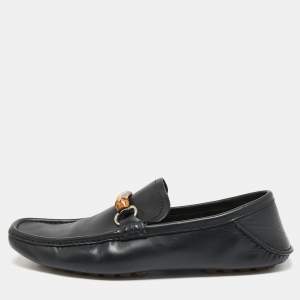 Gucci Black Leather Bamboo Horsebit Web Detail Loafers Size 43