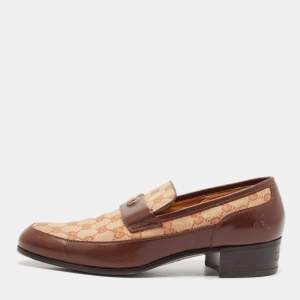 Gucci Beige/Brown Canvas and Leather GG Slip On Loafers Size 43