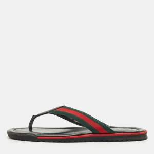 Pre Owned Gucci Black Leather Web Thong Flats Size 44