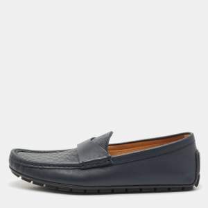 Gucci Navy Blue Microguccisma Leather Slip On Loafers Size 41