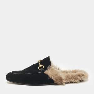 Gucci Black Fur and Velvet Princetown Mules Size 43