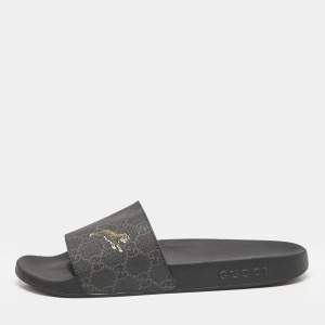 Gucci Black GG Supreme Canvas Tiger Pool Slides Size 41