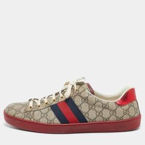 Gucci Beige/Ebony GG Supreme Canvas Ace Sneakers Size 45