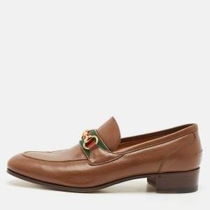 Gucci Dark Brown Leather Horsebit Web Slip On Loafers Size 41.5