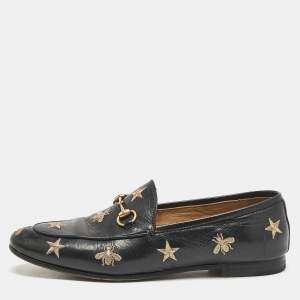 Gucci Black Leather Embroidered Star Bee Horsebit Jordaan Loafers Size 38.5