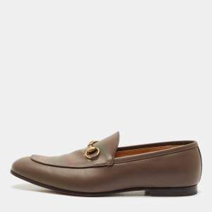 Gucci Brown Logo Leather Jordaan Horsebit Loafers Size 45