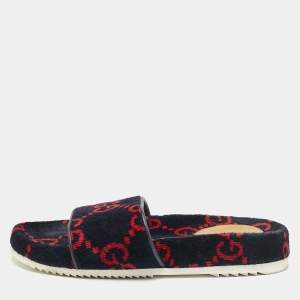 Gucci Navy Blue/Red GG Velvet Flat Slide Sandals Size 41