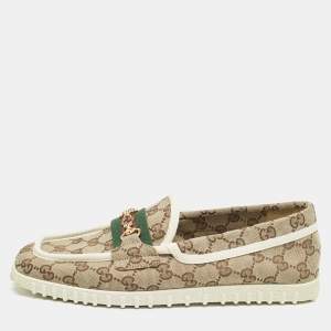 Gucci Beige GG Canvas Horsebit Web Slip On Loafers Size 41.5