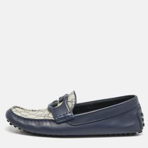 Gucci Navy Blue/Beige Leather and GG Supreme Canvas Interlocking G Loafers Size 44.5