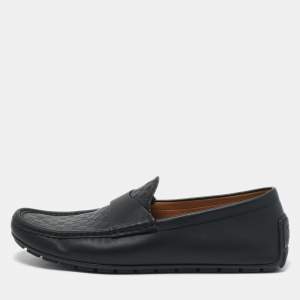 Gucci Navy Blue Leather Interlocking G Loafers Size 44