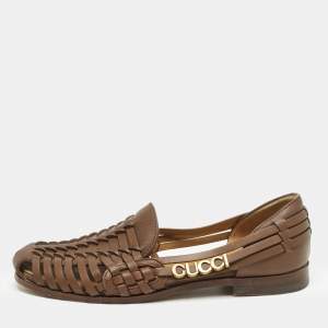 Gucci Brown Woven Leather Gucci Detail Slip On Loafers Size 43.5