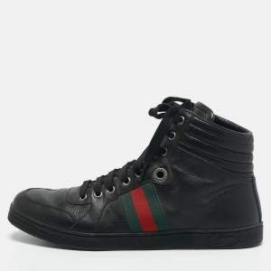 Gucci Black Leather Web Detail High Top Sneakers Size 42