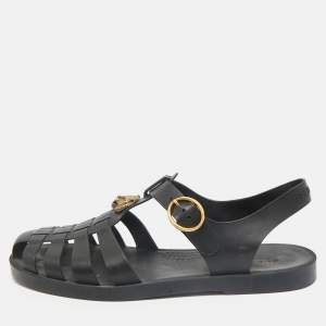 Gucci Black Rubber Double G Lion Head Strap Flat Sandals Size 43