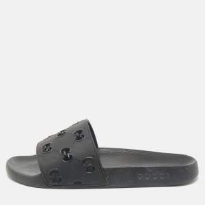 Gucci Black Rubber GG Laser Cut Pool Slide Sandals Size 44