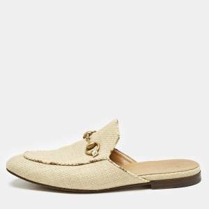 Gucci Beige Raffia and Snakeskin Leather Princetown Flat Mules Size 42.5