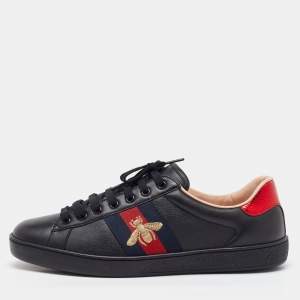 Gucci Black Leather Bee Embroidered Ace Low Top Sneakers Size 42.5