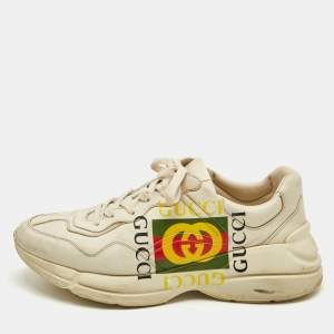 Gucci Cream Leather Rhyton GG Logo Platform Sneakers Size 44.5