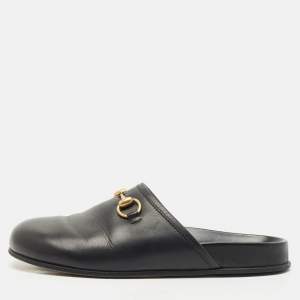Gucci Black Leather Horsebit Princetown Flat Mules Size 39.5
