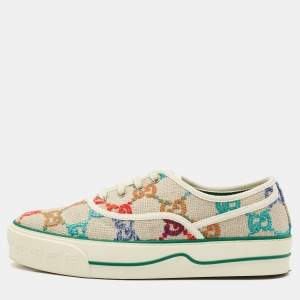 Pre Owned Gucci Beige Rainbow GG Canvas Tennis 1977 Sneakers Size 41.5