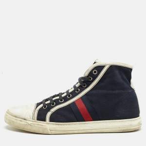 Gucci Navy Blue/White Canvas and Leather Web Detail High Top Sneakers Size 43