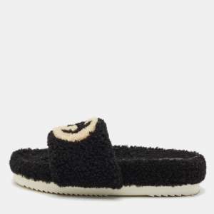 Gucci Black Shearling GG Flat Slides Size 42