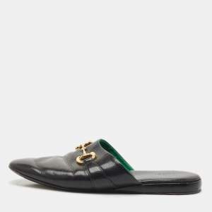 Gucci Black Leather Horsebit Flat Slides Size 41